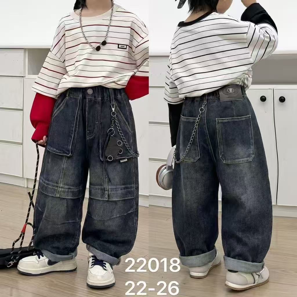 22018 男童工装风链条装饰牛仔阔腿裤